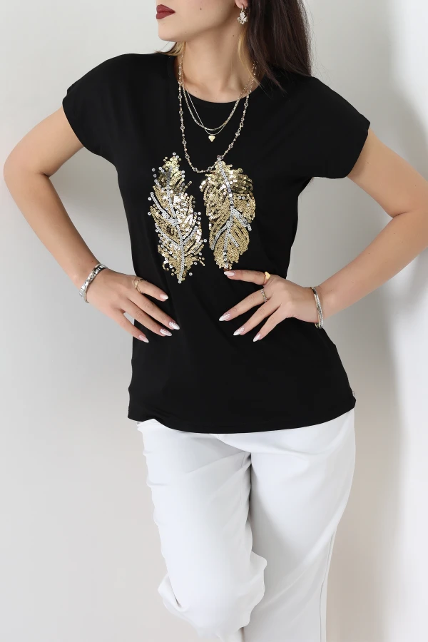 Payet Yaprak Detaylı Tişört Siyah - 44006.599.