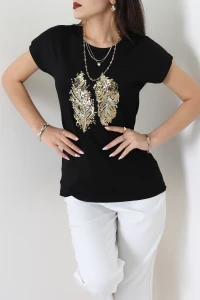 Payet Yaprak Detaylı Tişört Siyah - 44006.599.
