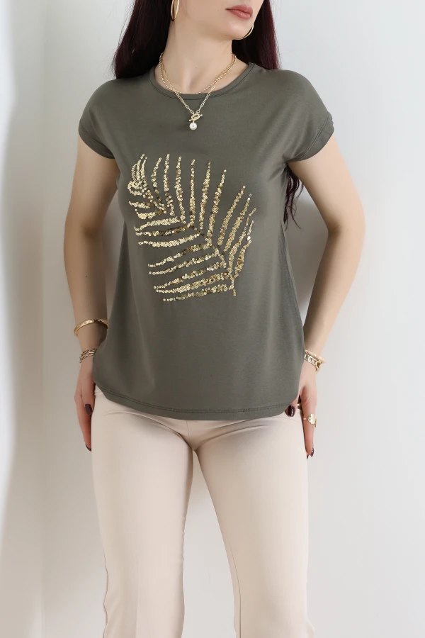 Yaprak İşlemeli Viskon Bluz Haki - 70649.599.