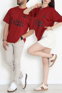 Bisiklet Yaka Oversize 2 İplik Forma Tişört Bordo - 88102.1878.
