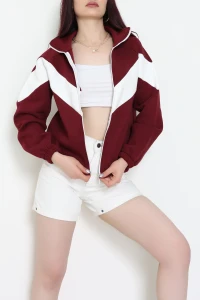 3 İplik Oversize Fermuarlı Sweat Bordoekru - 42504.1878.