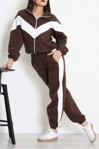 3 İplik Kompakt Fermuarlı Eşofman Takım Kahveekru - 42523.1878.