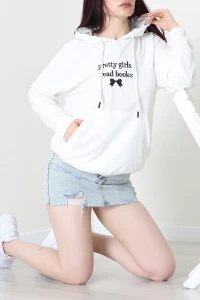 2 İplik Kapşonlu Nakışlı Sweat Ekrusiyah - 42711.1878.