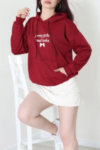 2 İplik Kapşonlu Nakışlı Sweat Bordoekru - 42711.1878.