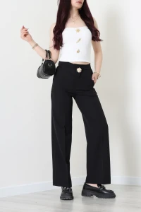 Dabıl Kumaş Broş Detaylı Palazzo Pantolon Siyah - 51614.683.