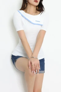 Bisiklet Yaka Şerit Detaylı Bluz Ekru - 70732.1960.