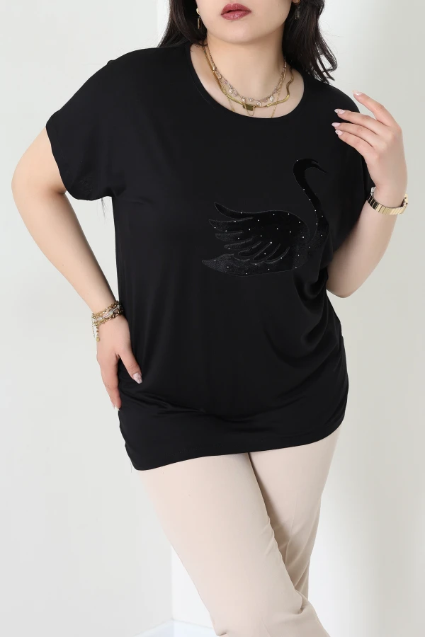 Kuğu İşlemeli Büyük Beden Bluz Siyah - 70912.1969.