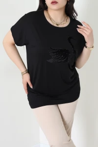 Kuğu İşlemeli Büyük Beden Bluz Siyah - 70912.1969.