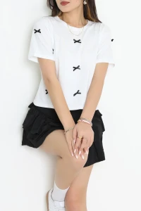 Kurdele Detay Oversize Penye Crop Tişört Beyaz - 30614.1567.