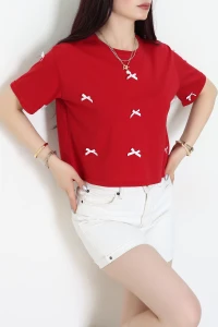 Kurdele Detay Oversize Penye Crop Tişört Bordo - 30614.1567.