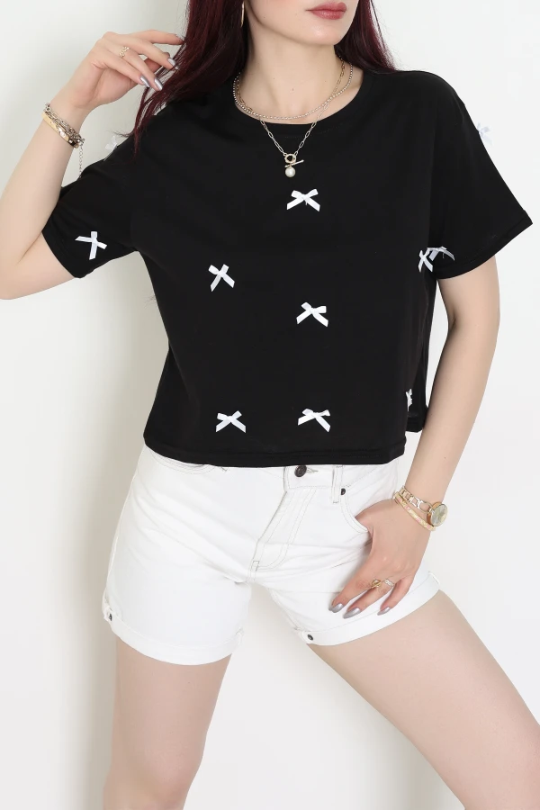 Kurdele Detay Oversize Penye Crop Tişört Siyah - 30614.1567.