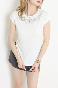 Yakası Taşlı Bluz Ekru - 43983.599.