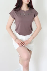 Yakası Taşlı Bluz Açıkkahve - 43983.599.