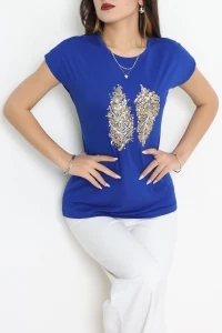 Payet Yaprak Detaylı Tişört Saks - 44006.599.