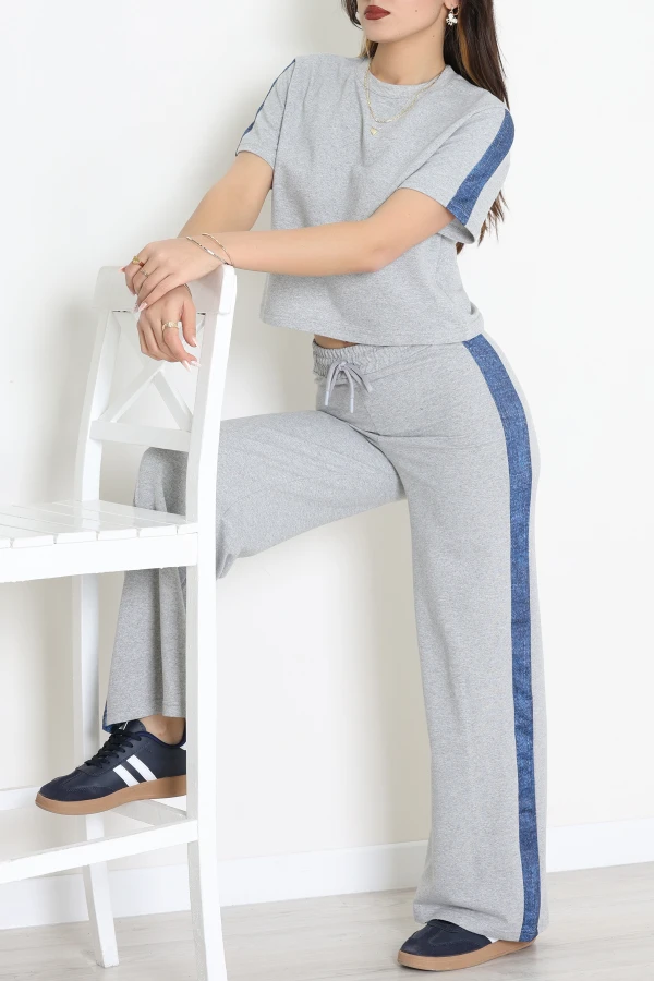 Yanı Kot Desenli Eşofman Takımı Gri - 52215.1857.