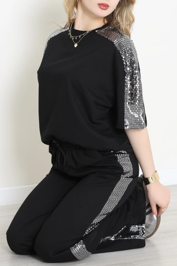 2 İplik Pullu Eşofman Takımı Siyah - 52225.1857.