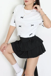 Kurdele Detay Baskılı Oversize Penye Tişört Beyaz - 55092.1567.