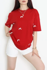 Kurdele Detay Baskılı Oversize Penye Tişört Bordo - 55092.1567.