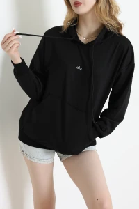 2 İplik Kapşonlu Baskılı Sweatshirt Siyah - 31315.1878.