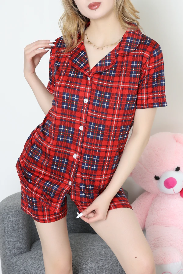 Şortlu Düğmeli Pijama Takım Kırmızıekose - 50773.1773.