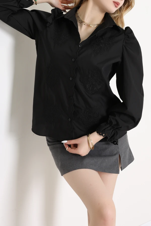 Dakron Kumaş Nakış Detaylı Gömlek Siyah - 51114.2118.