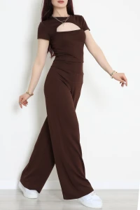 Göğüs Dekolteli Modal Kumaş Kısa Kollu Takım Kahve - 55094.1567.