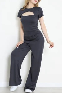 Göğüs Dekolteli Modal Kumaş Kısa Kollu Takım Antrasit - 55094.1567.