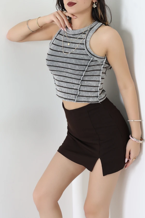 Çizgili Asit Yıkamalı Kaşkorse Crop Body Gri - 71061.1748.