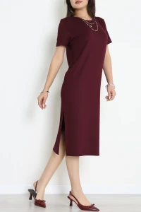 Modal Kumaş Bisiklet Yaka Midi Boy Elbise Bordo - 71134.275.