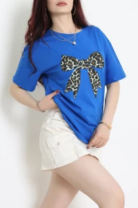 Bisiklet Yaka Oversize Lüks Penye Tişört Saks - 30571.1878.