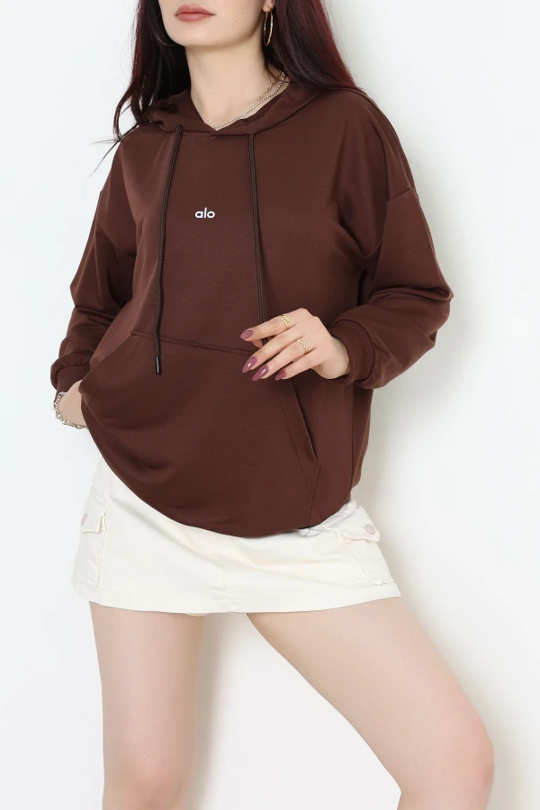 2 İplik Kapşonlu Baskılı Sweatshirt Kahve - 31315.1878.
