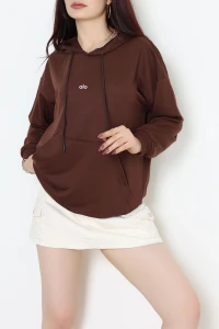 2 İplik Kapşonlu Baskılı Sweatshirt Kahve - 31315.1878.