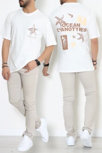 Süprem Ön Arka Baskılı Erkek Tişört Ekru - 71143.1872.