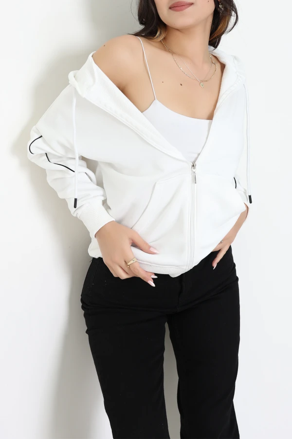 3 İplik Şardonsuz Fermuarlı Şeritli Oversize Sweat Ekru - 80772.1878.