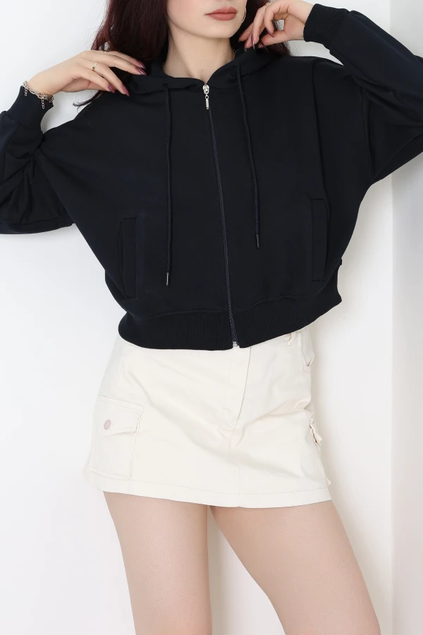 3 İplik Şardonsuz Fermuarlı Cepli Crop Sweat Lacivert - 80774.1878.