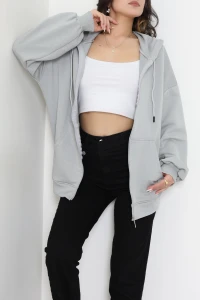 3 İplik Şardonsuz Fermuarlı Oversize Kanguru Sweat Koyugri - 80775.1878.