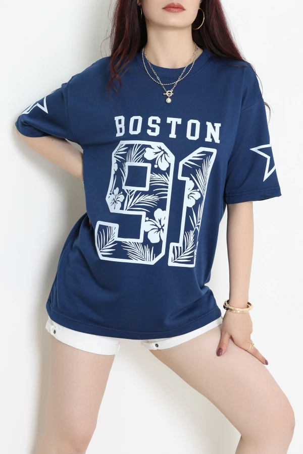 Bisiklet Yaka Oversize 2 İplik Forma Tişört İndigo - 88104.1878.