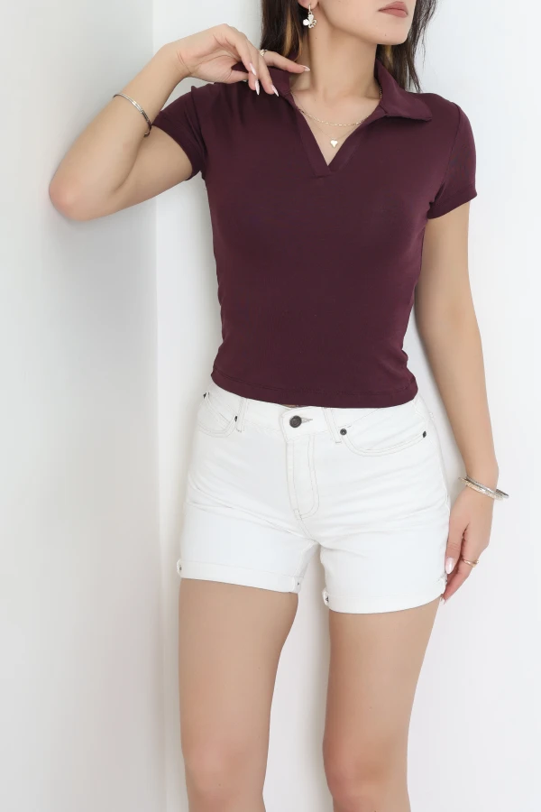 Ribana Gömlek Yaka Kısa Kollu Tişört Mürdüm - 22023.200.