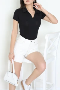 Ribana Gömlek Yaka Kısa Kollu Tişört Siyah - 22023.200.