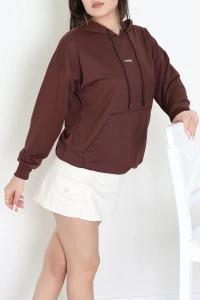 2 İplik Kapşonlu Baskılı Sweatshirt Kahve - 31316.1878.