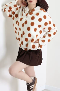 Baskılı Kapşonlu Polar Ceket Ekrupuantiye - 31711.1247.