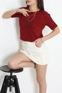 Suprem Nakışlı Tişört Bordo - 31886.1878.