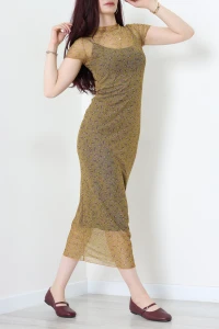 Astarlı Kısa Kol Şifon Elbise Kınayeşili - 41865.1723.