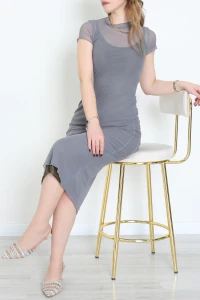 Astarlı Kısa Kol Şifon Elbise Duman - 41865.1723.