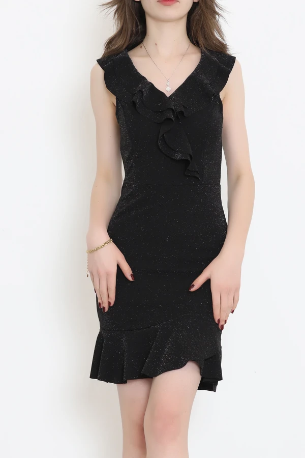 Kalın Askılı Fırfır Detaylı Mini Krep Elbise Siyah - 581310.1592.