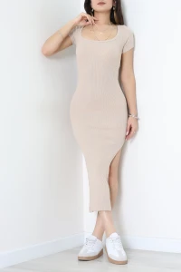 U Yaka Yırtmaçlı Kaşkorse Elbise Bej - 71021.1748.
