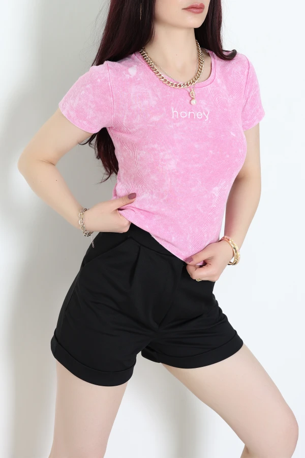 Nakışlı Asit Yıkamalı Kaşkorse Tişört Pembe - 71048.1748.