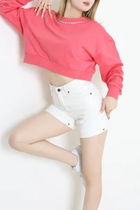 3 İplik Şardonsuz Taşlı Sweat Pembe - 1007.1238.