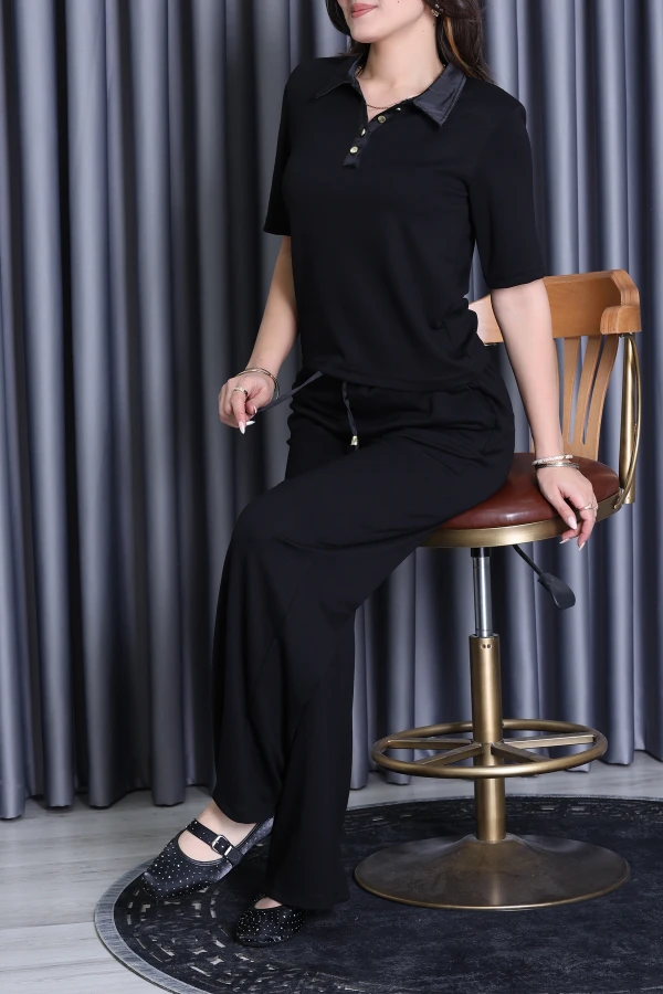 Saten Detay Polo Yaka Takım Siyah - 1372.2135.