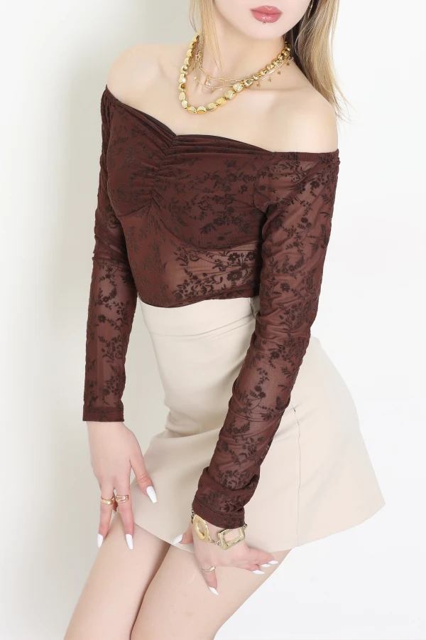 Flok Baskı Transparan Bluz Kahve - 4173.1247.